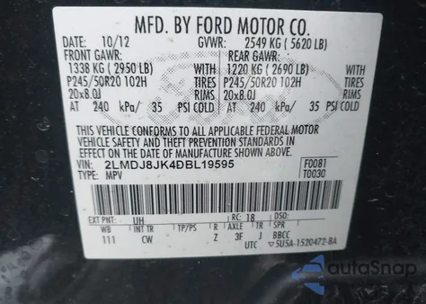 2013 Lincoln Mkx z USA, uszkodzony, nr VIN 2LMDJ8JK4DBL19595